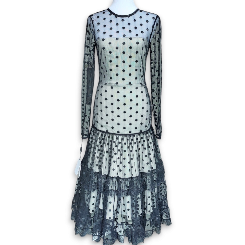Alexis Tiara Sheer Black Dot Tulle Tiered Midi Dress NWT